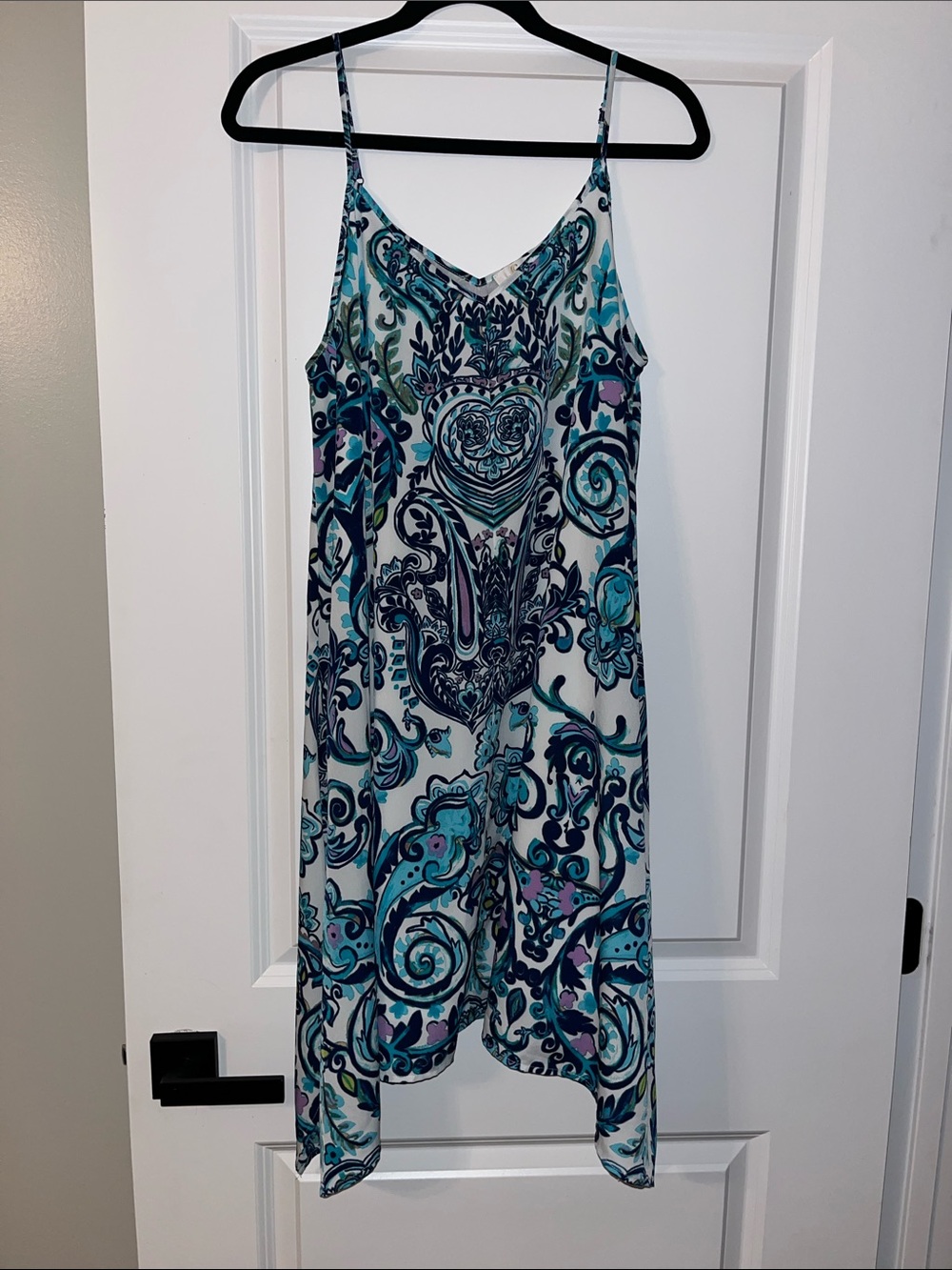 Charming Charlie Blue Paisley Mini Slip Dress with a Handkerchief Hem (Large)